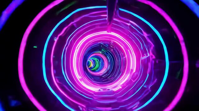 A vibrant journey through a spiraling water slide featuring dynamic neon lights. Participants enjoy the rush of turning and splashing down the exciting slide on a sunny day.