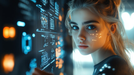 A young woman with glowing blue cybernetic facial enhancements and digital interface elements, symbolizing AI, human augmentation, and futuristic technology.  