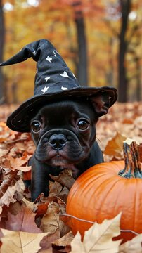 Cute black dog wearing witch hat sits among autumn leaves with a pumpkin during fall season