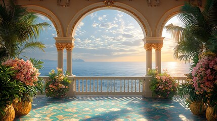 Elegant archway overlooking beautiful blue sea high resolution hd wallpaper