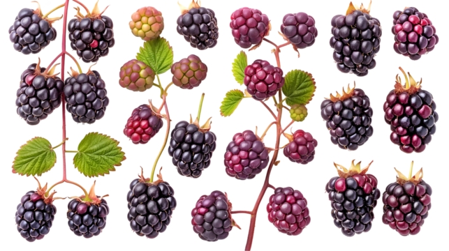 Fresh Blackberries Ripe Summer Berries, Healthy Natural Ingredients for Food Themes, isolated on transparent background.
