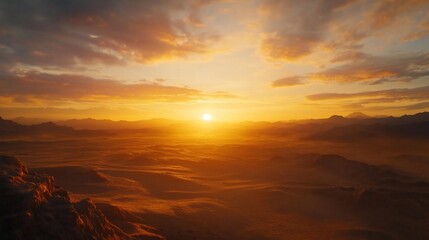 Obraz premium Golden Hour Desert Sunset: Breathtaking Panorama of Majestic Mountains and Vast Sands Under a Fiery Sky