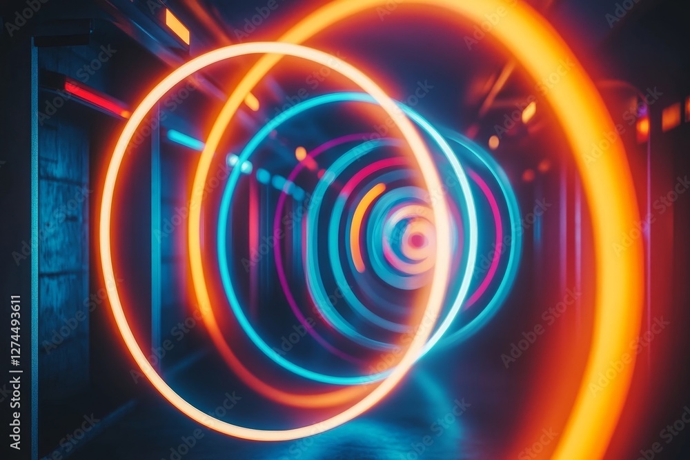 Aufkleber glowing neon rings create a mesmerizing tunnel effect. the image is futuristic with a dynamic use of