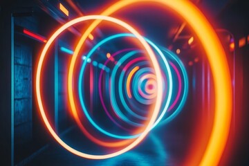 Fototapeta premium glowing neon rings create a mesmerizing tunnel effect. The image is futuristic with a dynamic use of colors and lighting, perfect for a modern design theme
