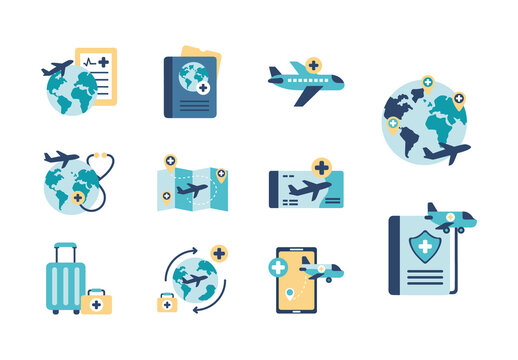 Blue Medical Tourism Flat Illustration Healthcare Travel. Global Treatment Illustration Set