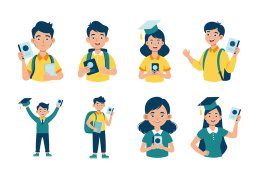 Blue and Yellow Student Visa Flat Illustration Travel Documents. Study Abroad Illustration Set