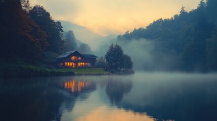 Fototapeta premium Lakeside House Illuminated At Dawn Misty Morning