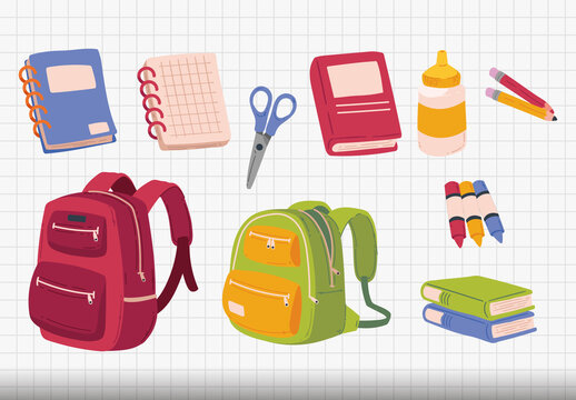 Colorful School Items Supplies and Stationery. Education Illustration Set