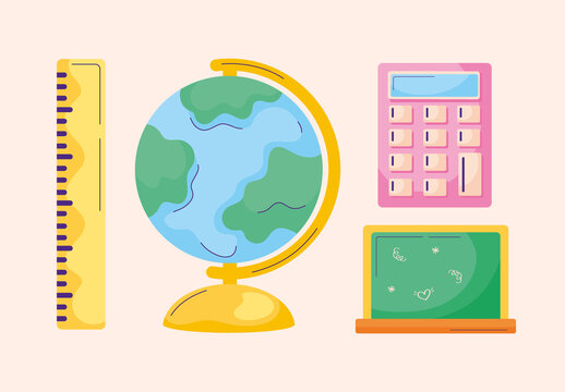 Colorful Flat School Supplies Vector Illustrations Set