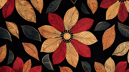 A decorative floral pattern featuring vibrant leaves and flowers on a dark background.