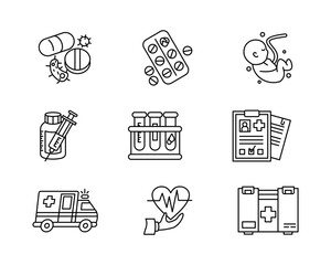 Medical icon set. Pills and bacteria sign. Syringe with medicine bottle symbol. Test tubes and medical records pictogram. Ambulance, heart health, and first aid kit illustration.