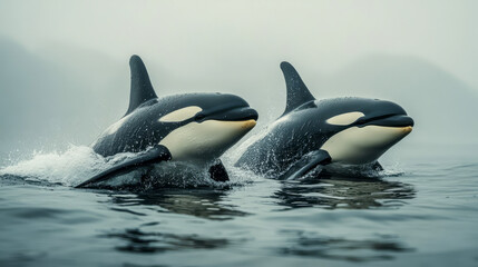 Orcas sleek black and white synchronized swim together, parting the ocean waters