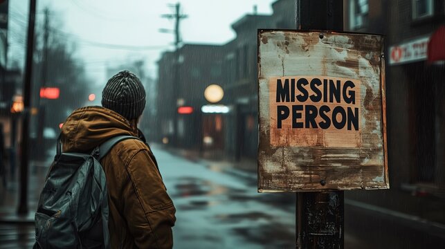 A lost individual stands in the rain, gazing at a Missing Person sign, creating a somber and reflective mood in a foggy urban setting.