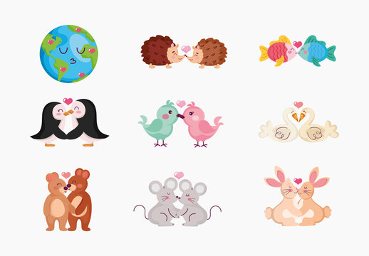 Colorful World Kiss Day Romantic Couples. Love Illustration Set
