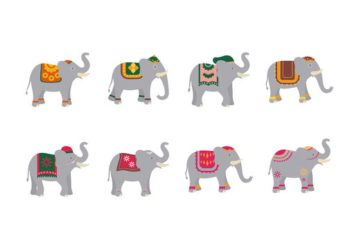 Grey Indian Wedding Elephants Cultural Celebration. Traditional Illustration Set