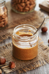Homemade hazelnut butter in a glass jar