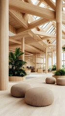 Fototapeta premium Modern Wooden Library Interior with Plants