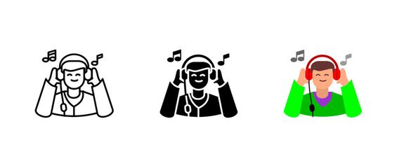 Person at headphones icon. Music and audio sign. Sound and melody symbol. Song and rhythm pictogram. Entertainment streaming illustration. Digital playlist concept.