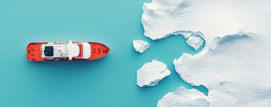 Drone view of icebreaker ship navigating melting glaciers arctic ocean aerial photography sustainable environment