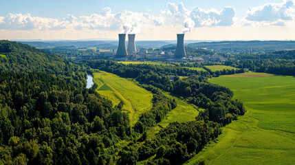 Aerial view of nuclear power plant surrounded by greenery
