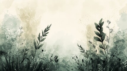 Watercolor Background, Light Green And Beige, With Airy Stylized Grass And Subtle Details