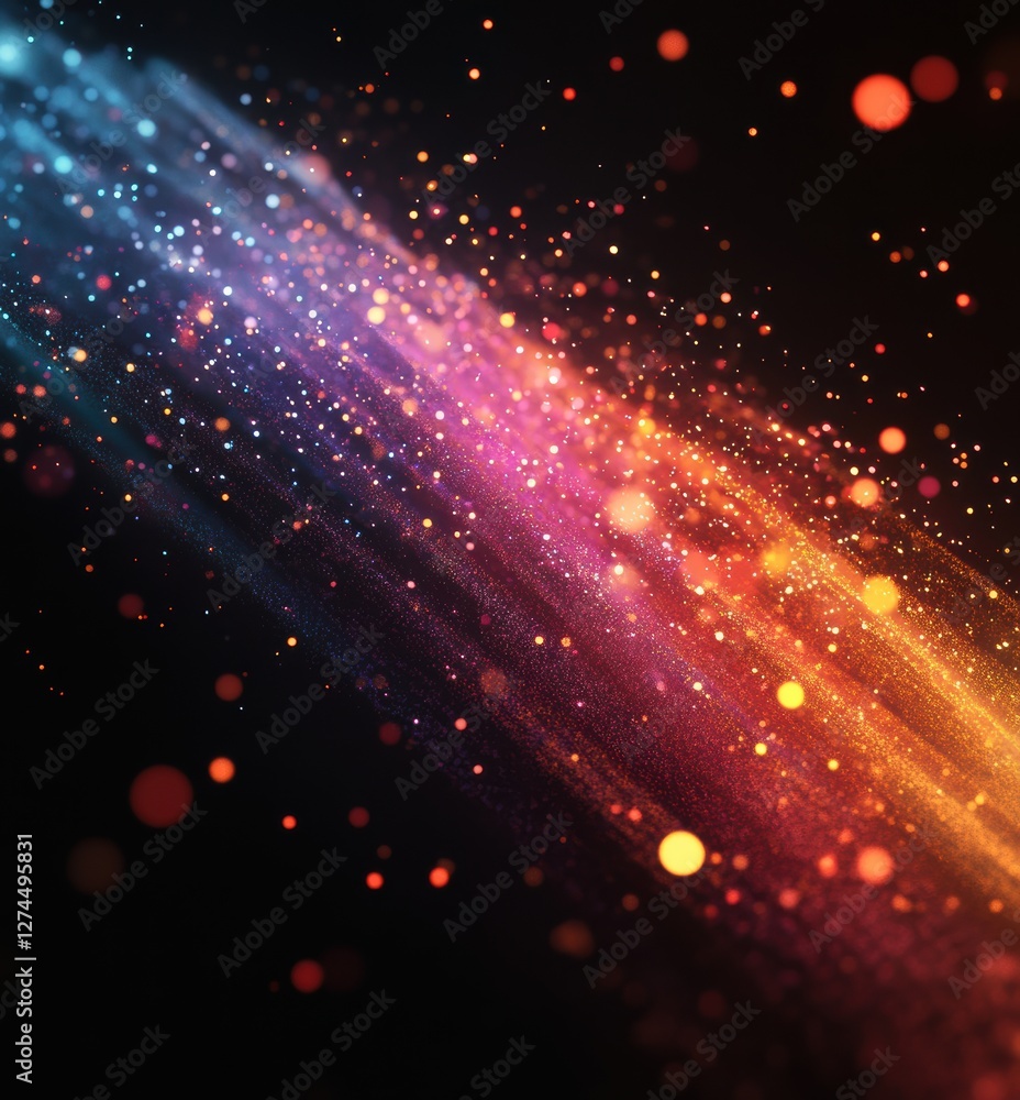 Poster Colorful particles flowing on black background creating diagonal lines
