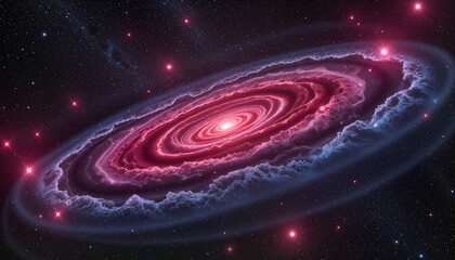 Breathtaking cherry-colored galaxy swirling in deep space with luminous nebulae