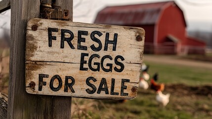 A rustic wooden sign reading Fresh Eggs For Sale stands in front of a charming red barn, surrounded by green fields and chickens roaming around.