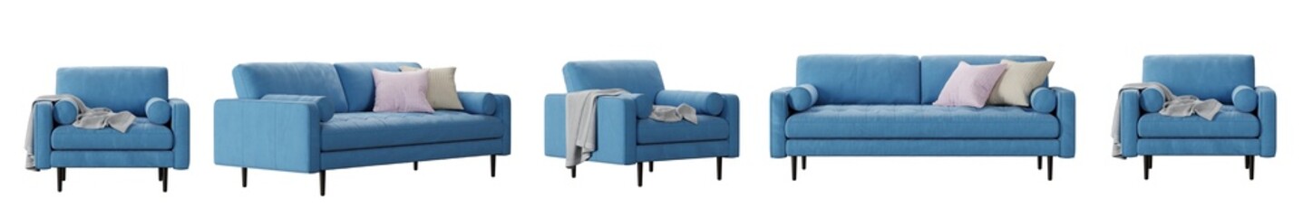 Sofa and armchairs set isolated on transparent background. 3D render. 3D illustration.
