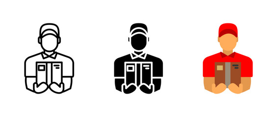 Courier holding package icon. Delivery service and shipping sign. Parcel logistics symbol. Transport and e commerce pictogram. Express order illustration. Warehouse distribution concept.