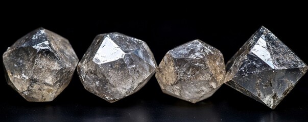 a row of four raw uncut diamonds displayed against a black background, showcasing their natural brilliance and unique shapes