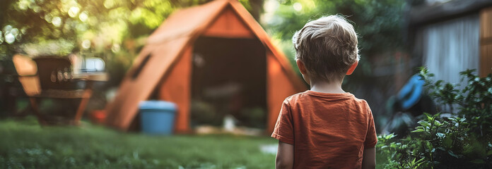 Child standing proudly beside a homemade fort in a backyard scene, symbolizing creativity and self-esteem