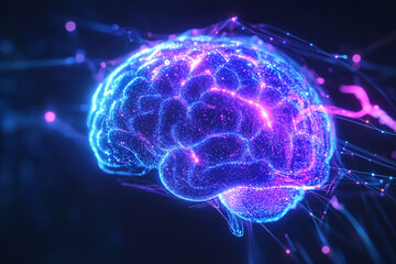 Fototapeta premium A high-tech artificial intelligence brain surrounded by glowing neon circuitry, symbolizing deep learning, advanced computing, and futuristic AI technology. 