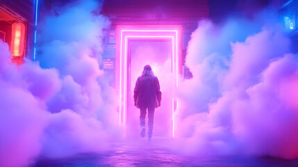 Neon Doorway, Person Walking Through Fog, Night City, Photorealistic, Background, Use Stock Photo