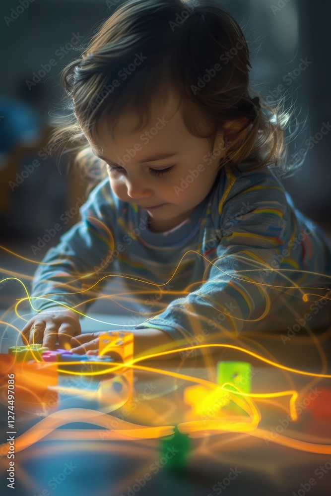 Poster toddler engaged with shape sorting toys and glowing neural connections imagery