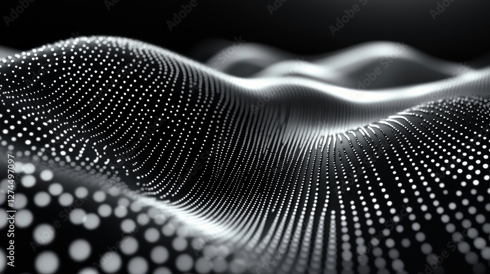 Poster an abstract digital landscape of glowing dots creating wave