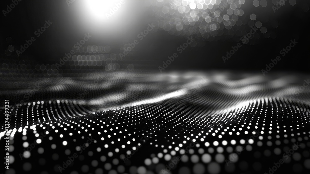 Aufkleber a digital abstract background with a wave-like pattern created by glowing dots, with a light source 