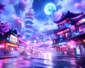 Neon-lit Asian city street at night, vibrant cityscapes, futuristic architecture, nighttime fantasy, photorealistic render, city lights, nocturnal