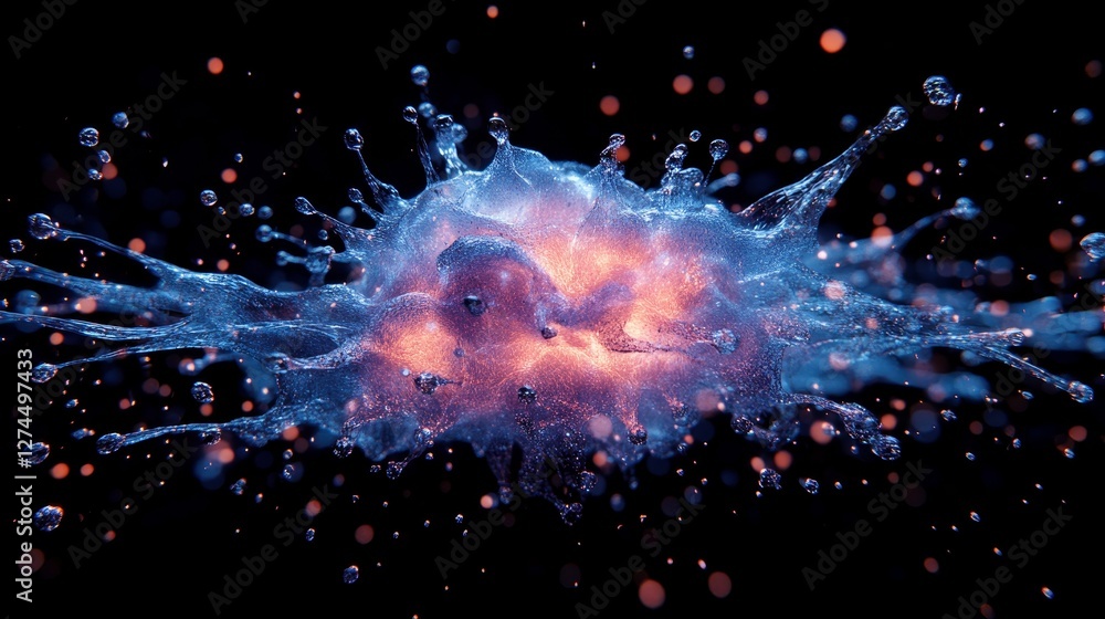 Poster a stunning artistic rendering of water colliding, creating a dynamic splash with vibrant colors and 