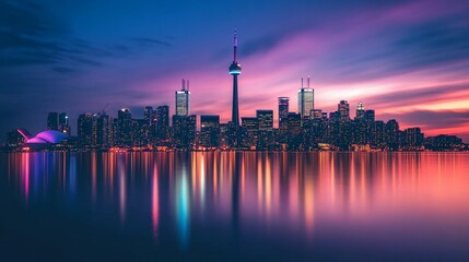 Fototapeta premium Toronto Skyline at Dusk: A Stunning Reflection of Urban Majesty over Calm Waters