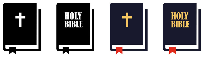Bible icon set with cross and holy bible text in black and gold versions religious book vector illustration for christianity and church design. Holy bible vector book icon. Holy scripture religious. 