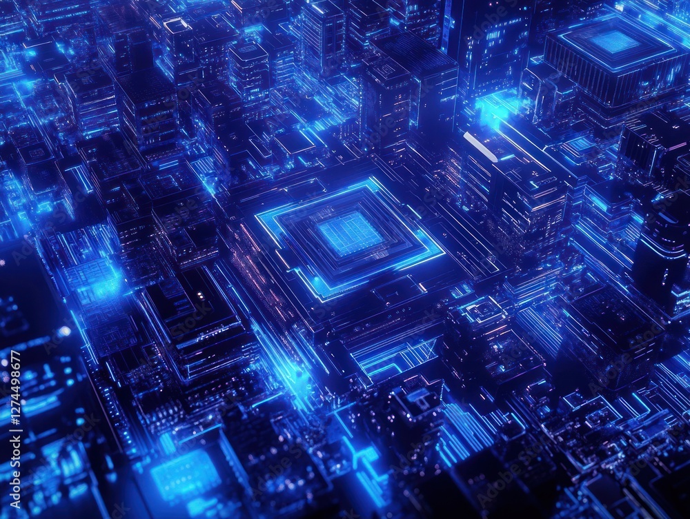 Poster aerial view of a futuristic cityscape with glowing blue circuit patterns and digital structures, sym