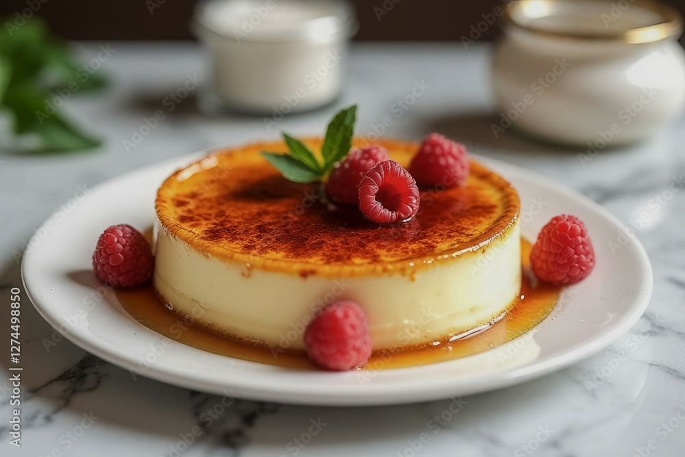 Poster a delicious dessert with a raspberry on top. the cake is served on a white plate and is placed on a 