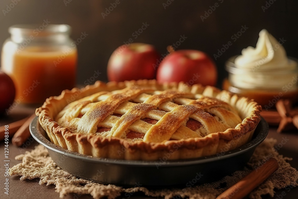 Poster a delicious apple pie with a golden crust sits on a wooden table, next to a bowl of ice cream. the p
