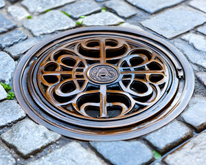 Ornate metal drain cover on cobblestone street