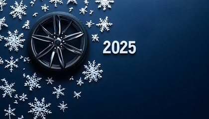 Christmas banner. White letters "2025" instead of "0" - black car wheel on dark blue background