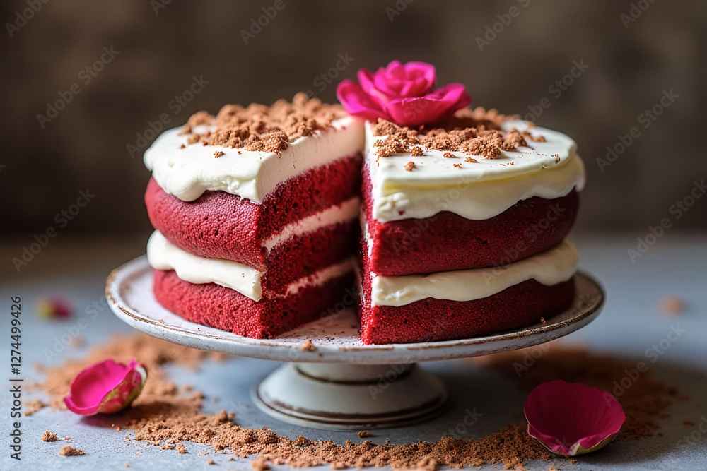Poster a red velvet cake with a rose on top sits on a plate. the cake is covered in powdered sugar and has 