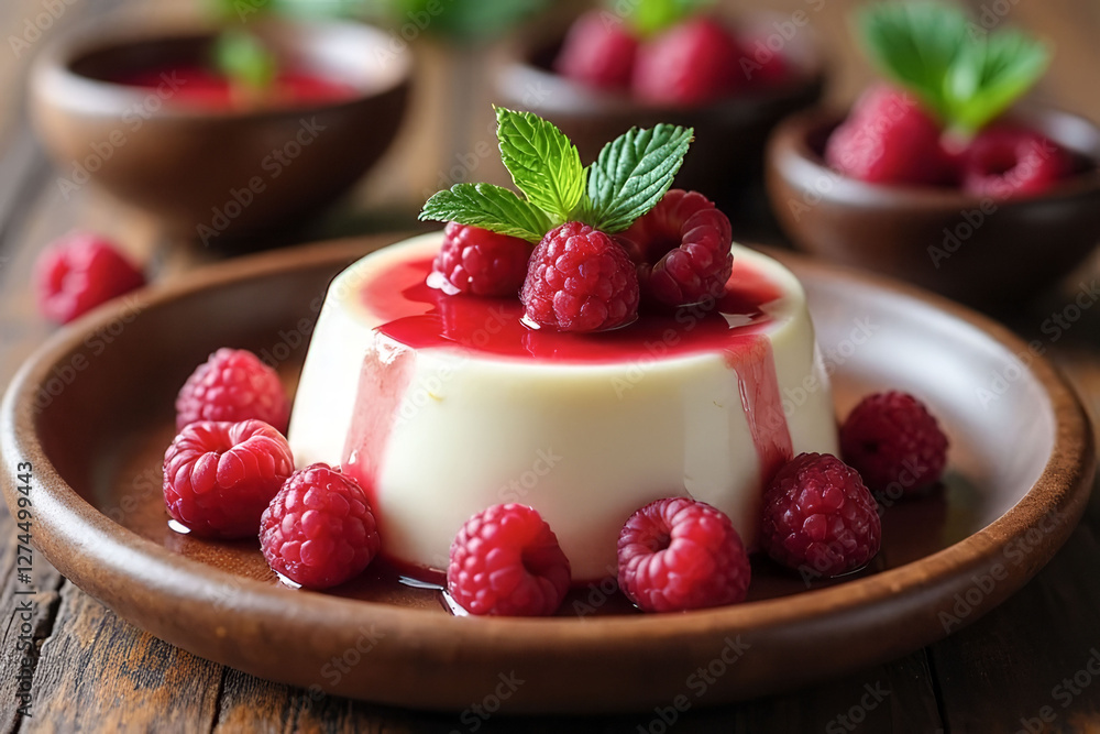 Poster a dessert with a raspberry topping on a plate. the dessert is a white cream cake with a raspberry sa