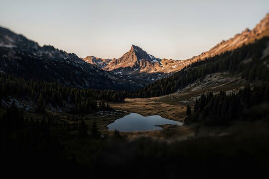 Alpine Landscape with Lake and Dense Forest at Sunset