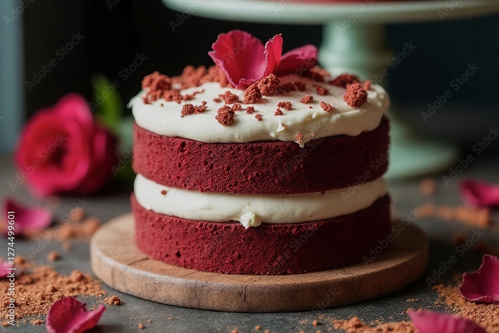 Poster a red velvet cake with a rose on top sits on a plate. the cake is covered in powdered sugar and has 